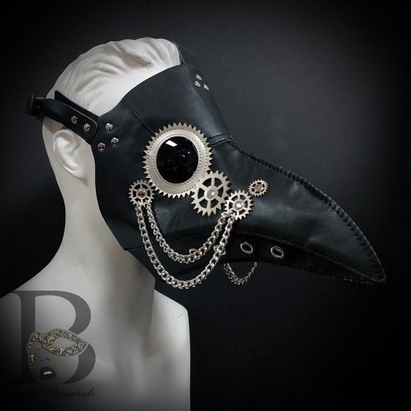 Black Plague Doctor Mask Black and Silver Gears - Picture 1 of 3